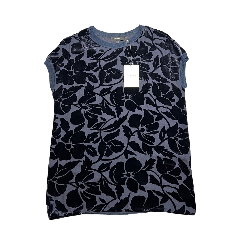 NWT Theory Womens Small Velvet Tee Blue Burnout Sheer Floral Silk Blend H1006505